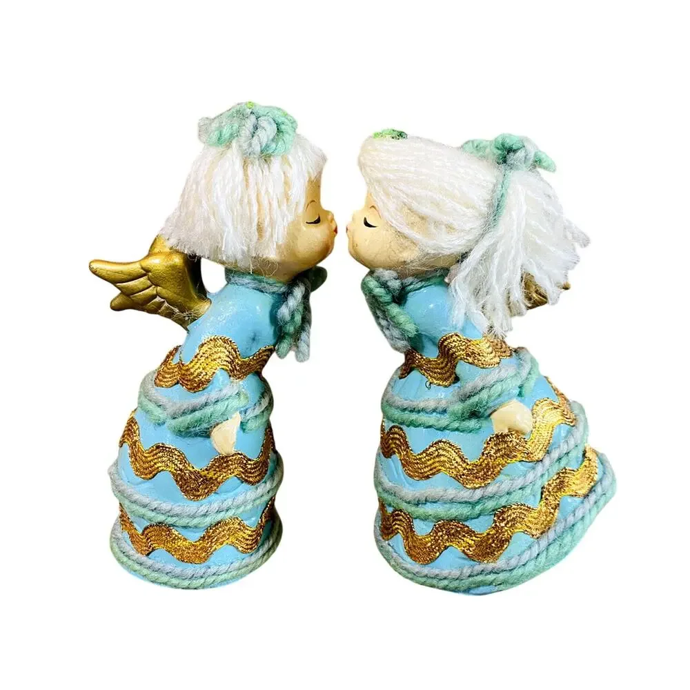 Vintage Boy & Girl Kissing Angel Figurines Blue Gold Yarn & Bric a Brac Japan